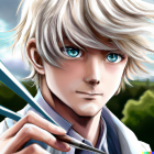 Portrait of person with wavy white hair and paintbrush, exuding artistic creativity