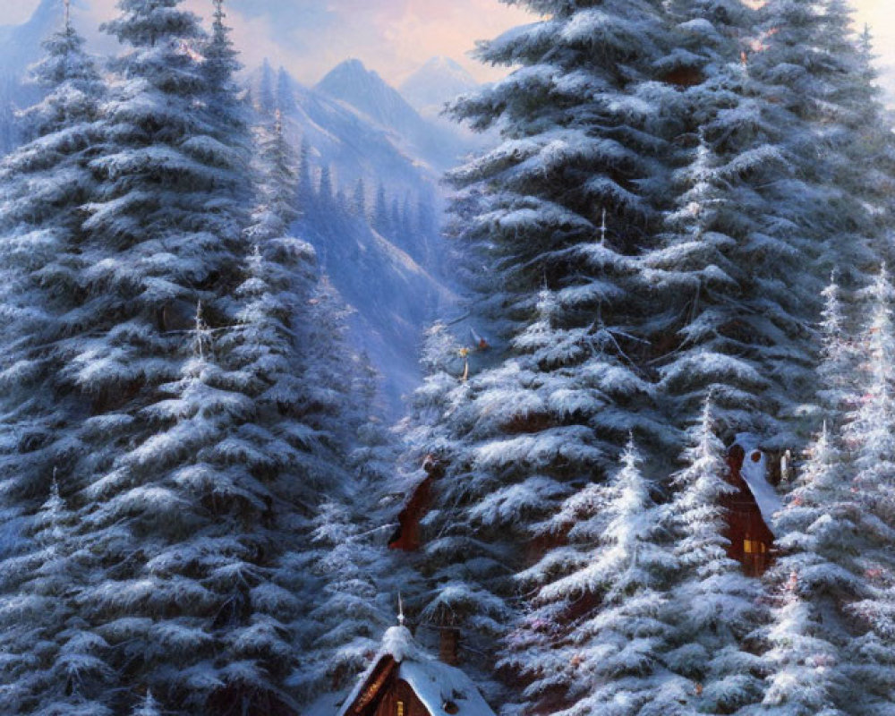 Snowy Pine Trees Cabin in Winter Mountain Landscape