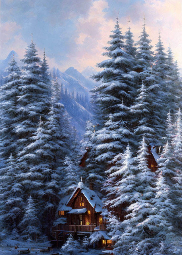 Snowy Pine Trees Cabin in Winter Mountain Landscape