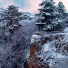 Snowy Pine Trees Cabin in Winter Mountain Landscape