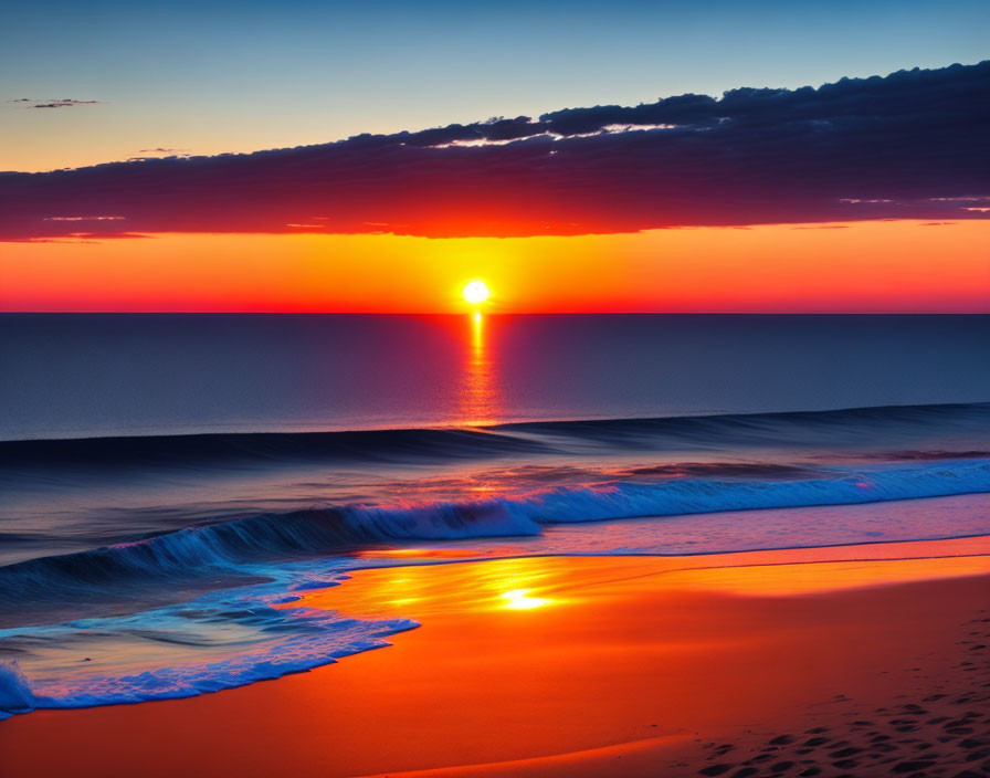 Tranquil sunset beach scene with sun reflection on water