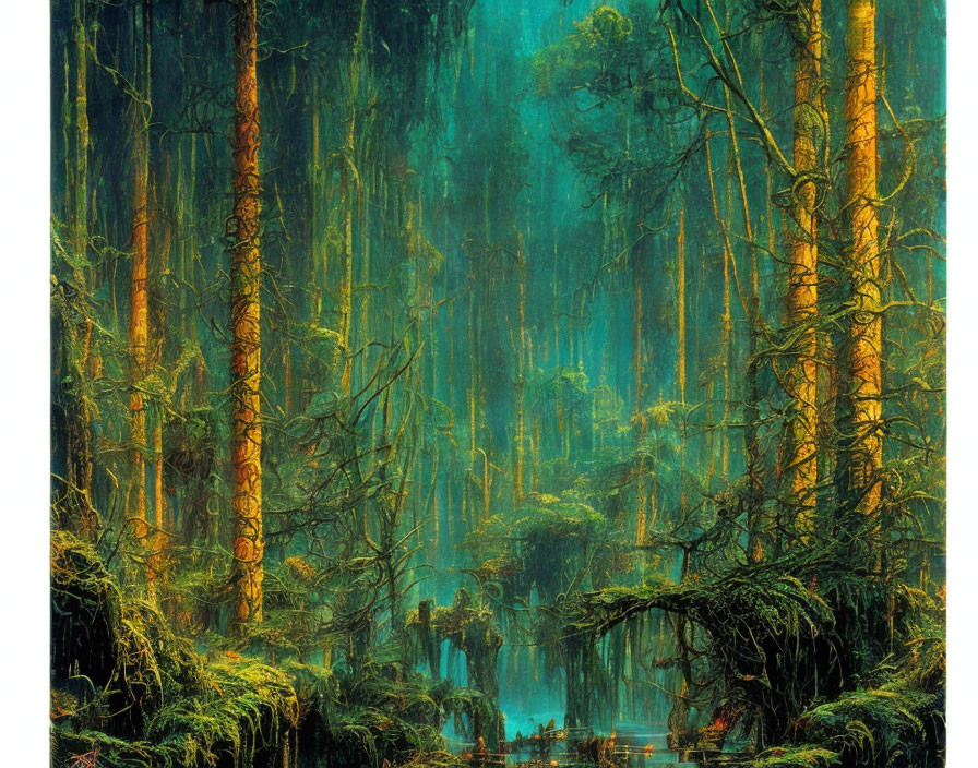 Enchanting forest painting with towering moss-covered trees