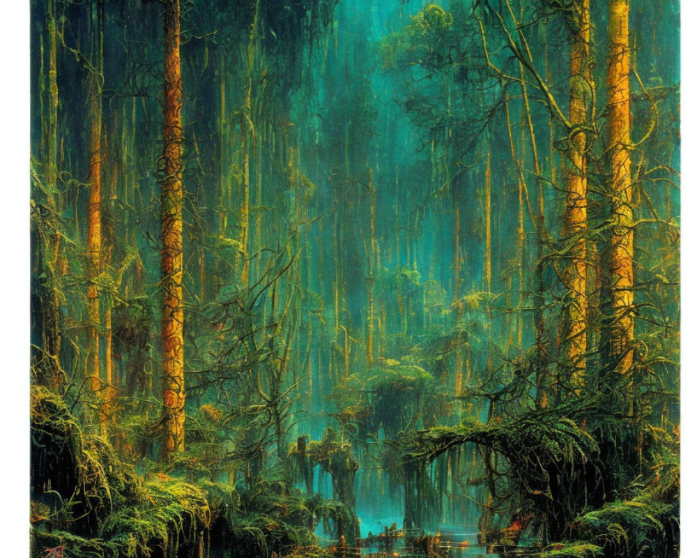 Enchanting forest painting with towering moss-covered trees