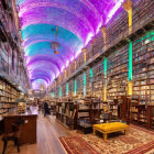 Majestic library with towering bookshelves and sky-painted ceiling