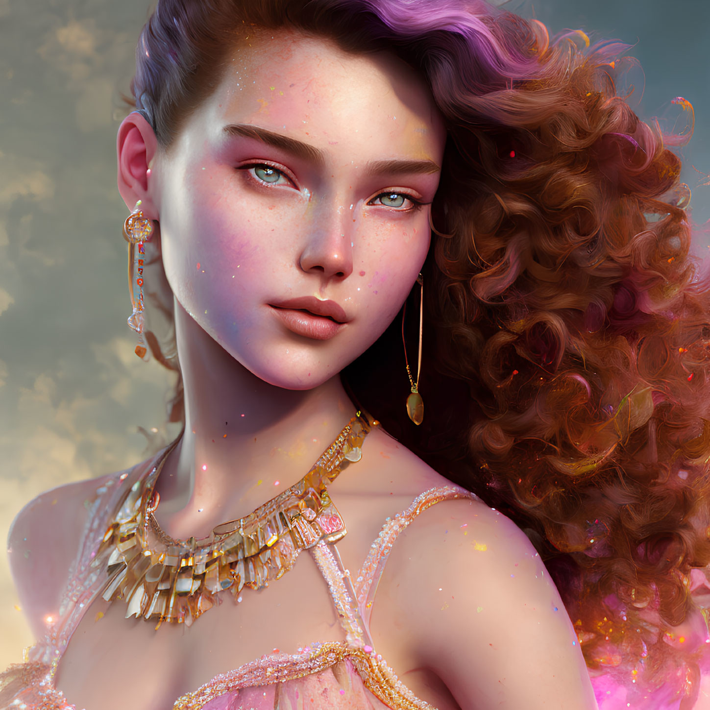 Portrait of young woman with red curly hair, freckles, gold makeup, and jewelry