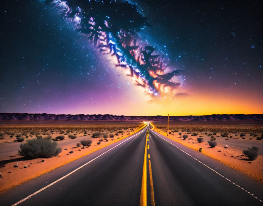 Starry Milky Way over desert road at twilight