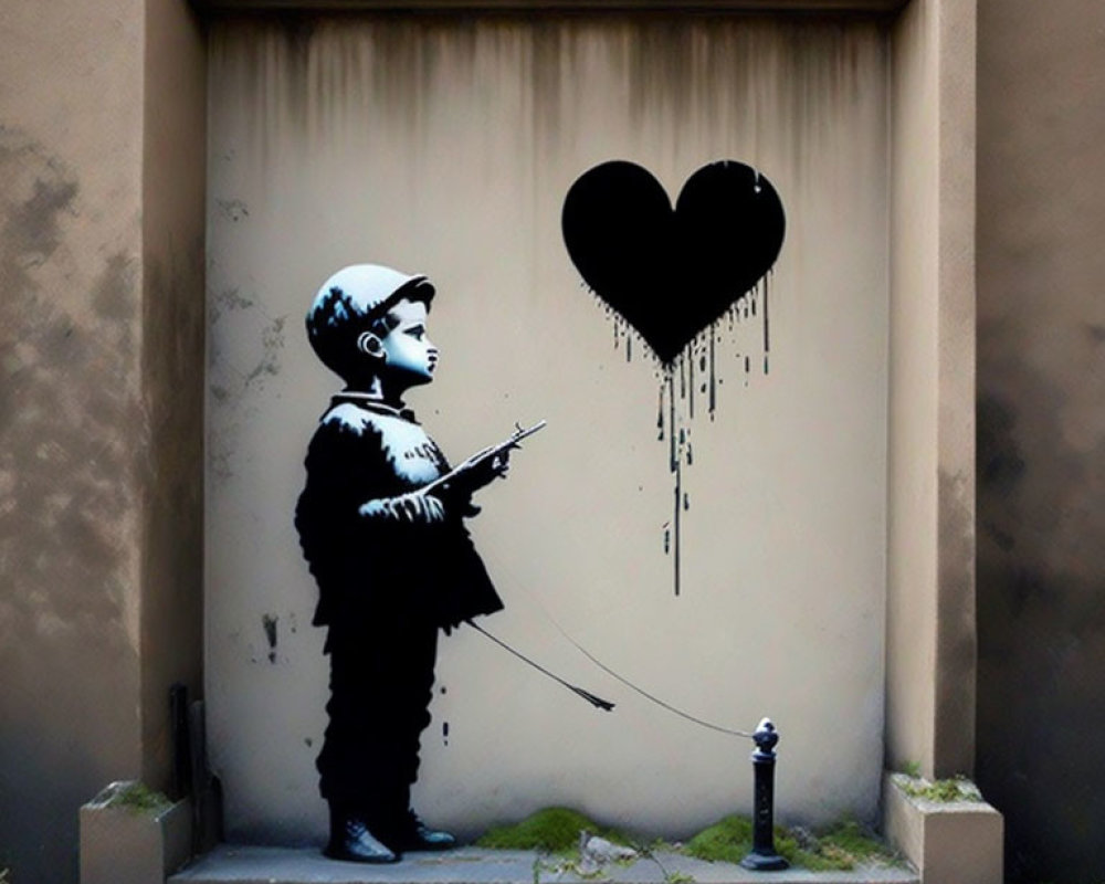 Stencil graffiti: Boy with slingshot aiming at heart balloon