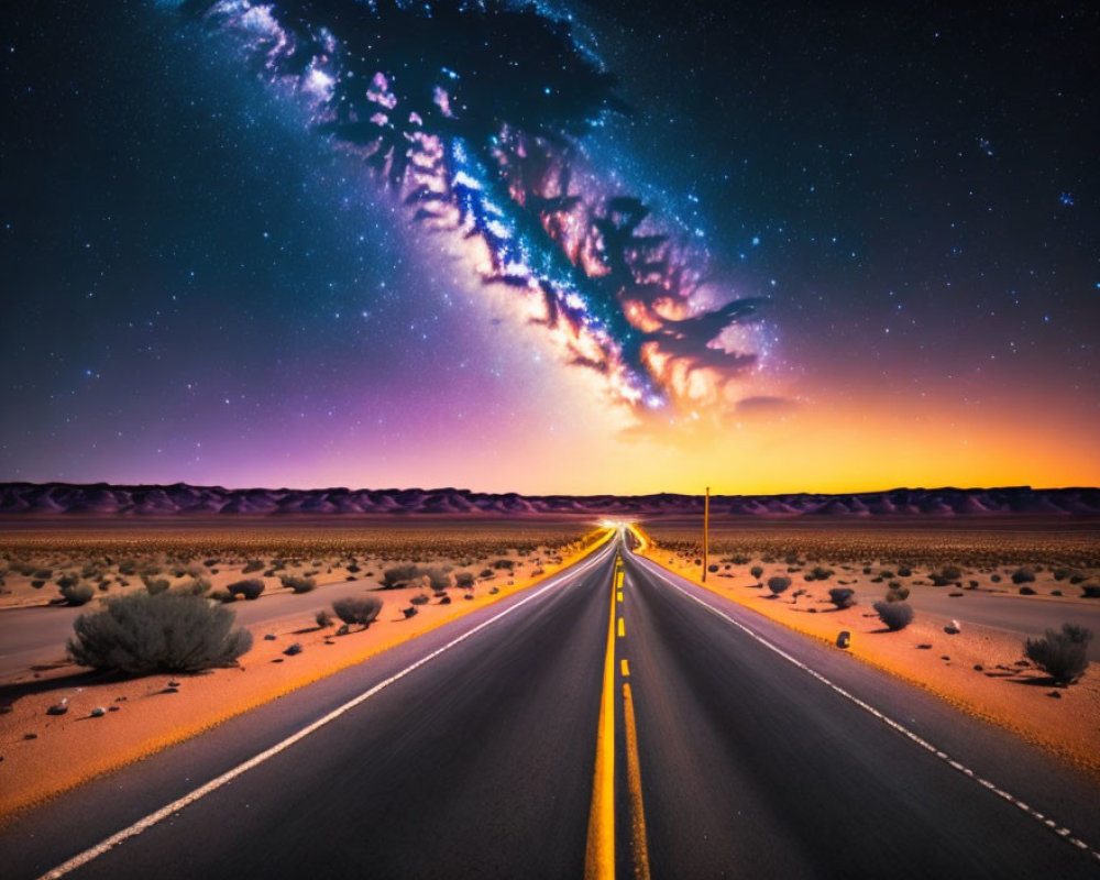 Starry Milky Way over desert road at twilight