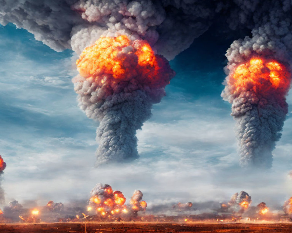 Multiple Explosions and Smoke Plumes in Apocalyptic Landscape