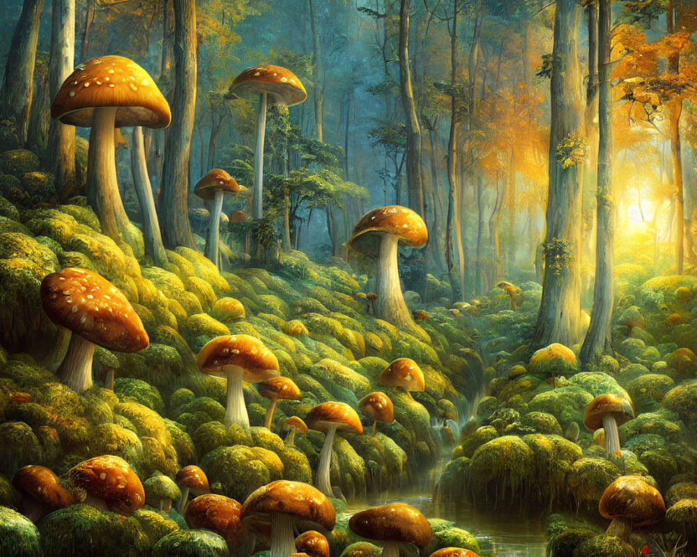 Enchanted Forest Scene: Oversized Mushrooms, Mossy Grounds, Setting Sun Glow