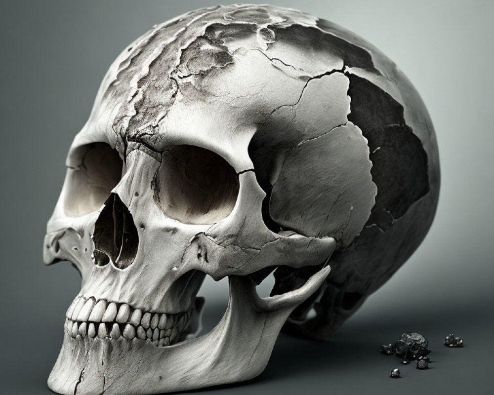 Weathered human skull with cracks on grey background and pebbles