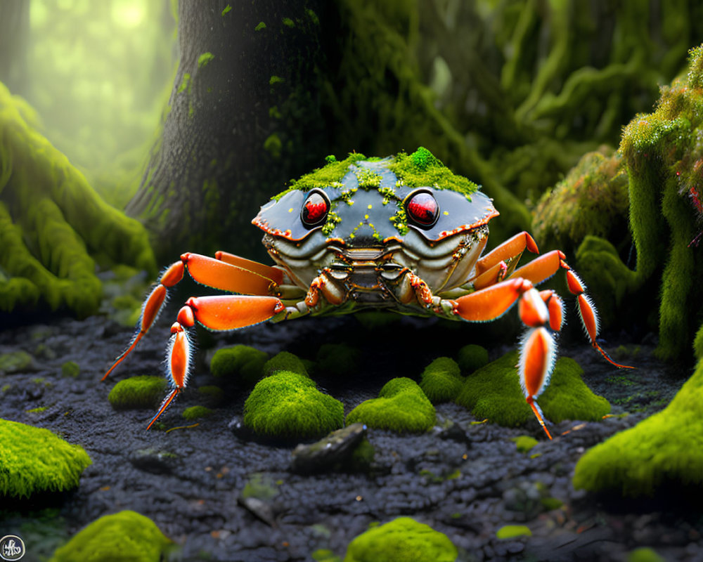 Vivid red-eyed crab in moss-covered shell in lush forest setting