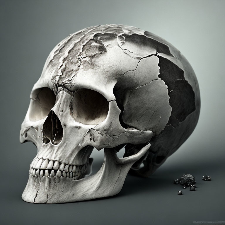 Weathered human skull with cracks on grey background and pebbles