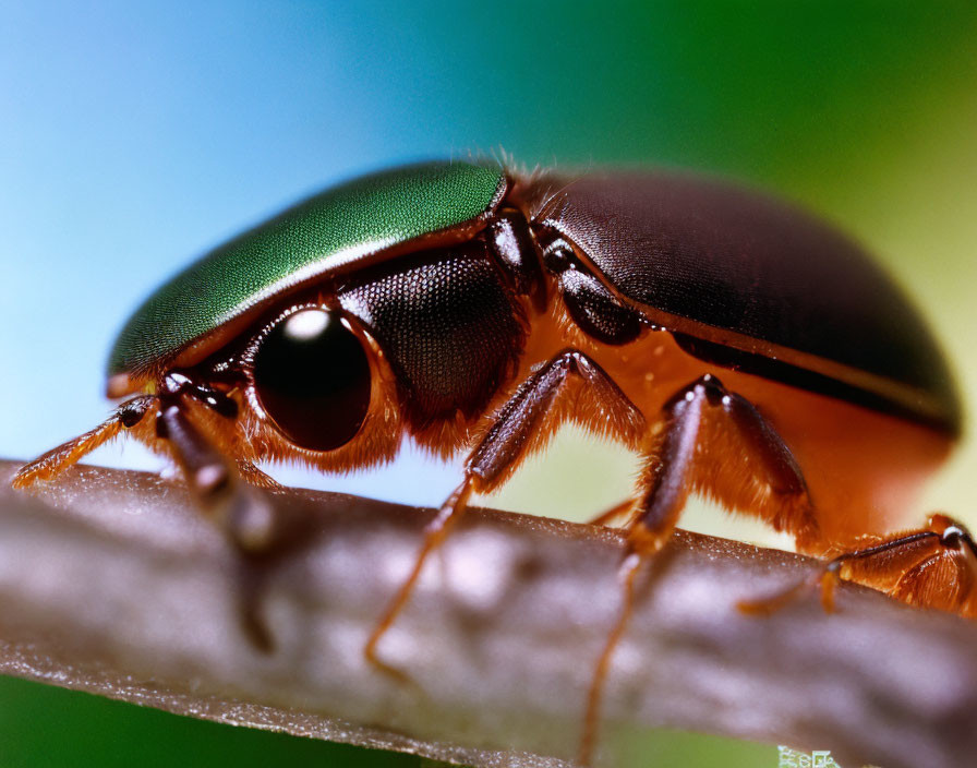 Shiny green-headed beetle on twig with brown body