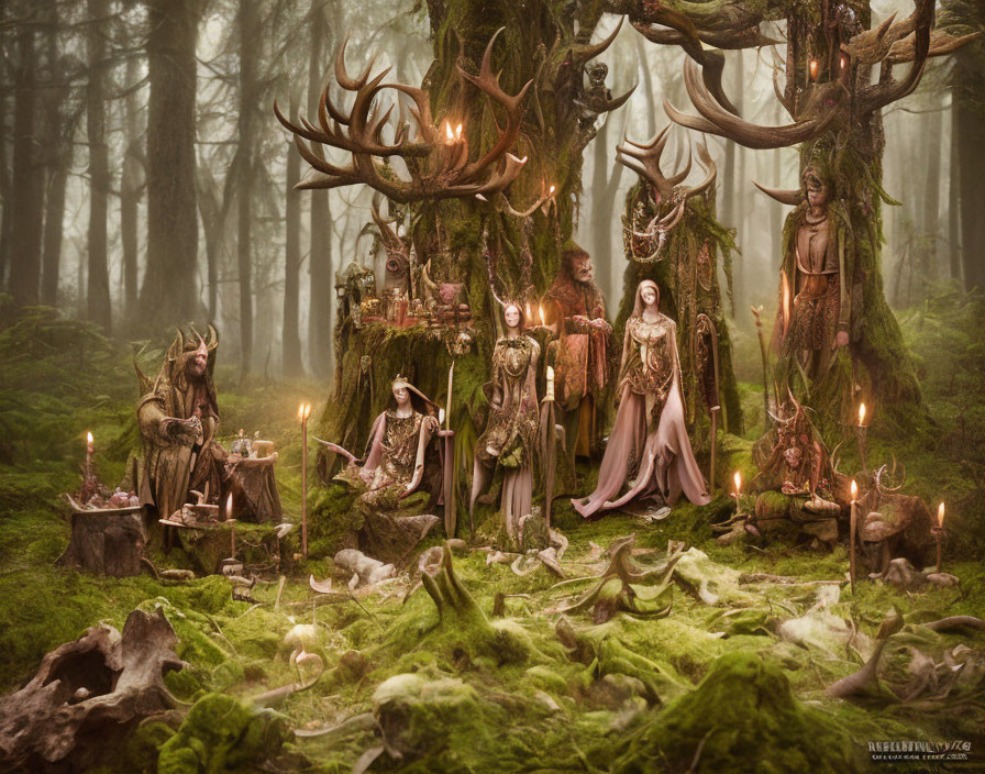 Elaborate druidic and pagan costumes in misty forest gathering