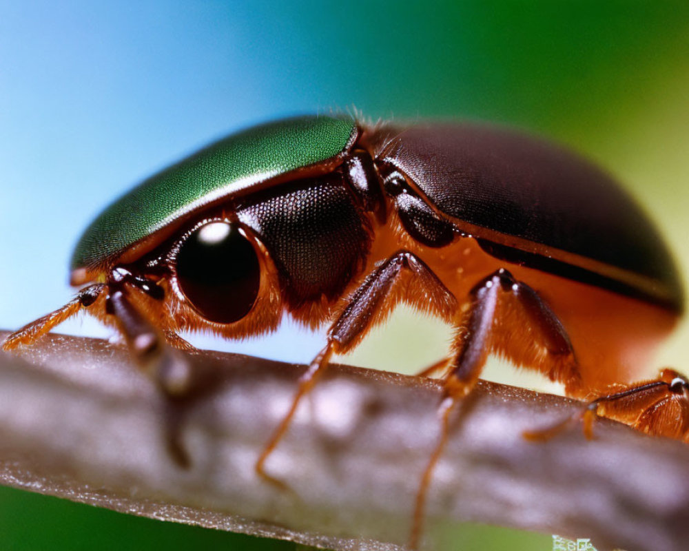 Shiny green-headed beetle on twig with brown body