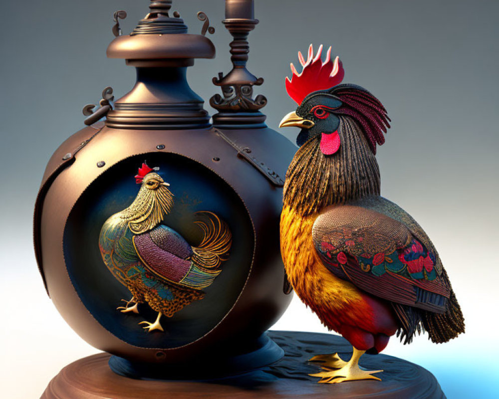 Colorful 3D rooster illustration with antique-style chicken flask on wooden stand