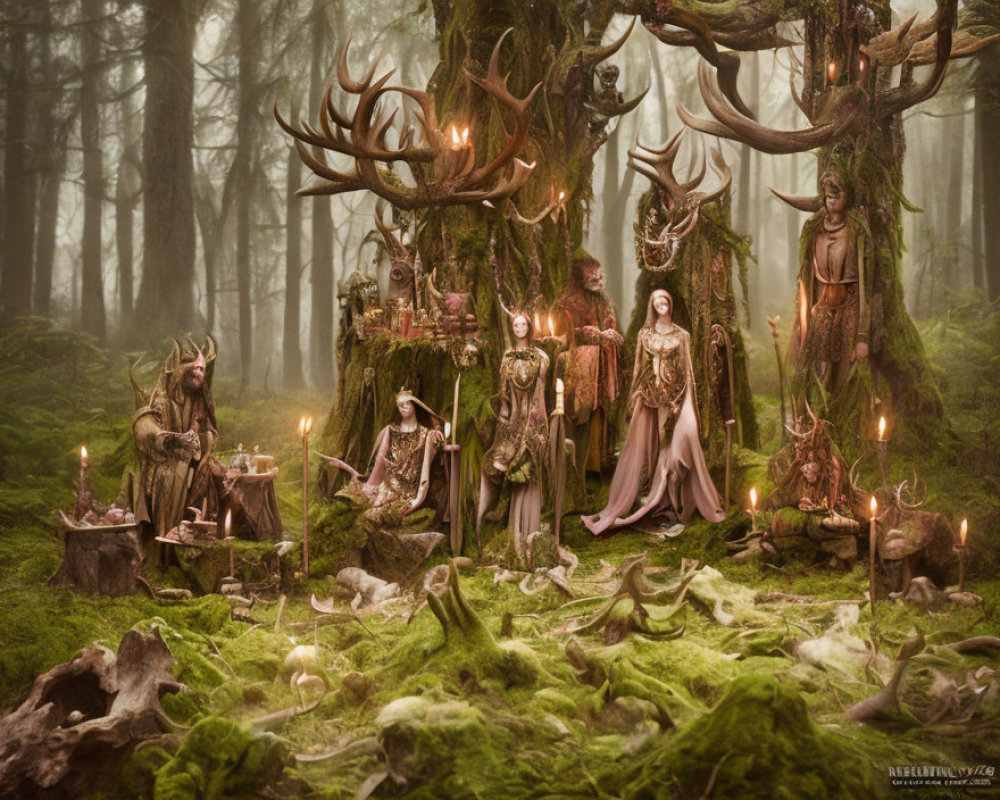 Elaborate druidic and pagan costumes in misty forest gathering