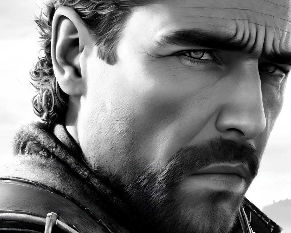 Detailed grayscale portrait of rugged man with beard and intense gaze