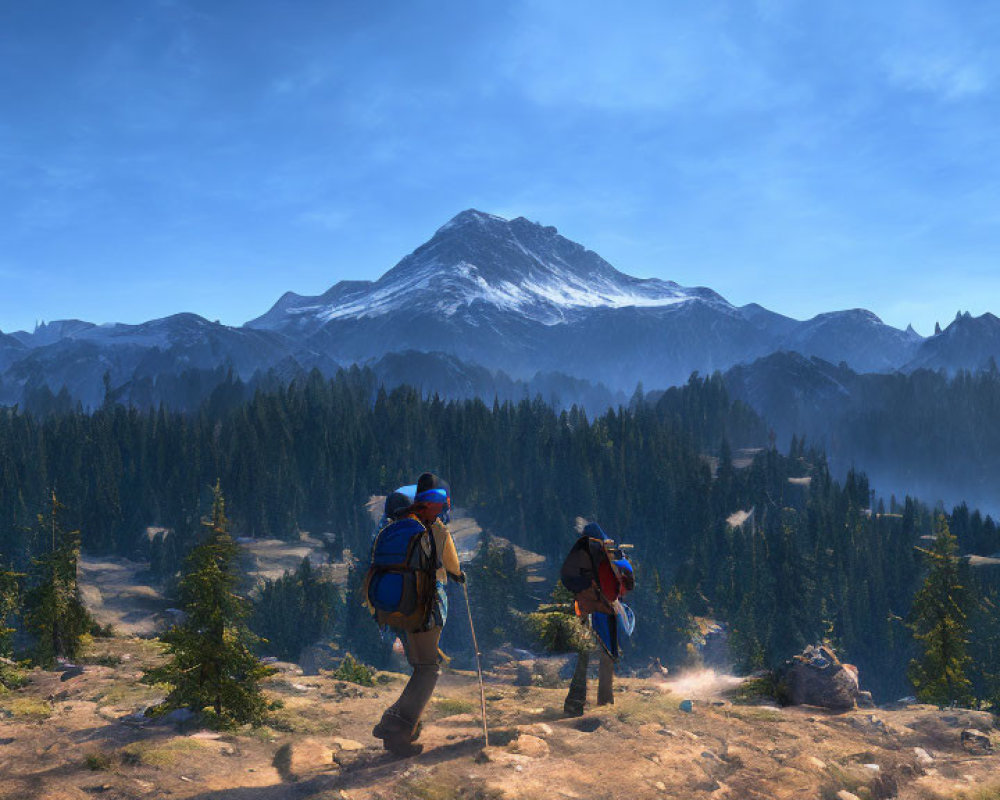 Hikers with backpacks in forested mountain landscape with snow-capped peak