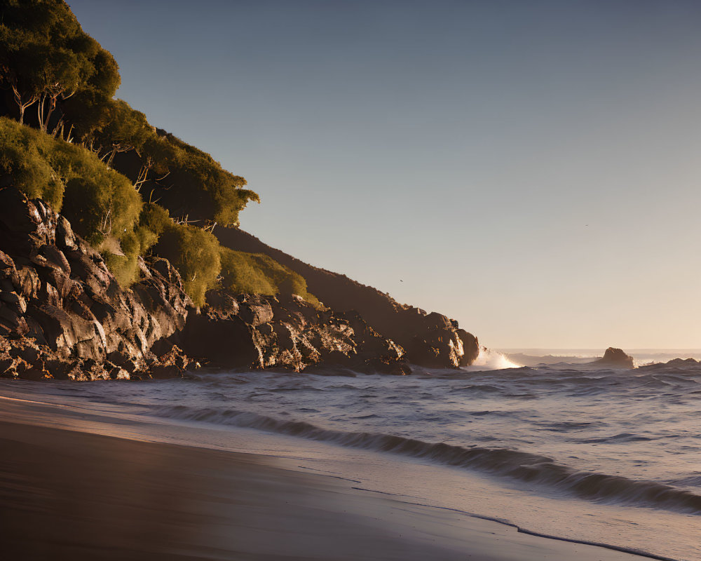 Tranquil Beach Scene with Waves, Sunlight, and Cliffs