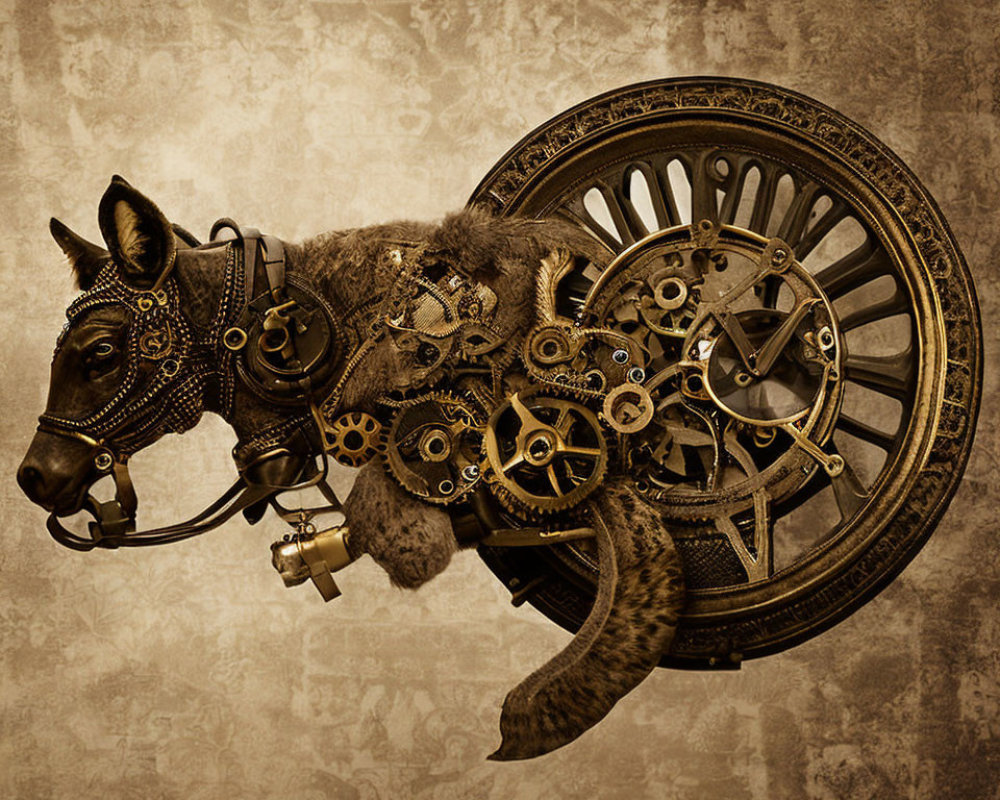 Mechanical horse illustration in steampunk style on textured beige background