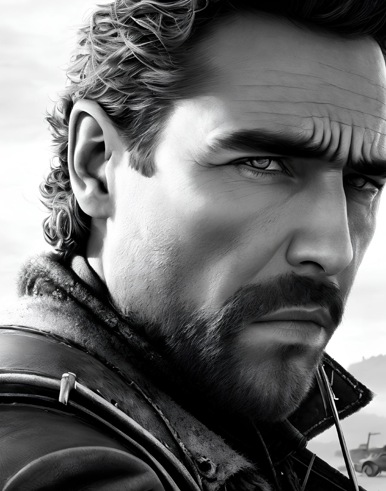 Detailed grayscale portrait of rugged man with beard and intense gaze