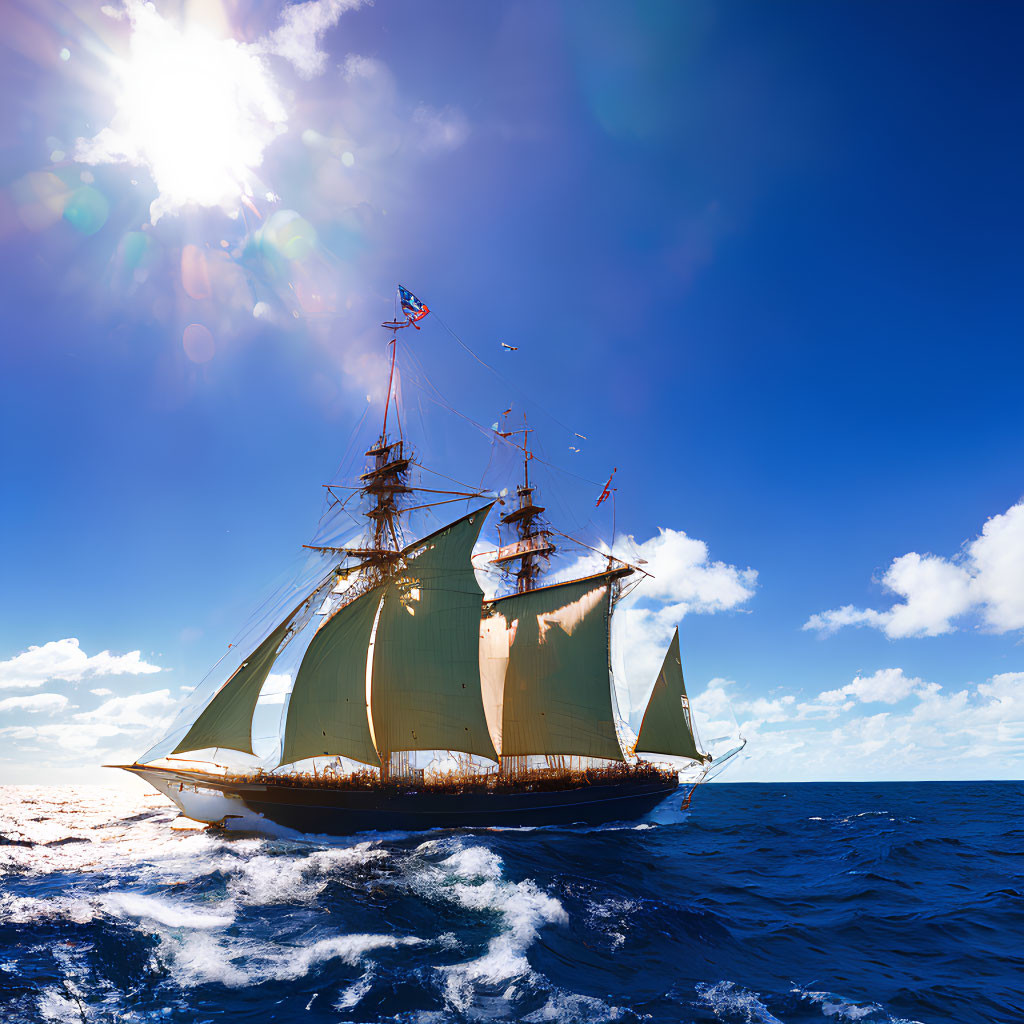 Majestic tall ship sailing on sunlit ocean under blue sky