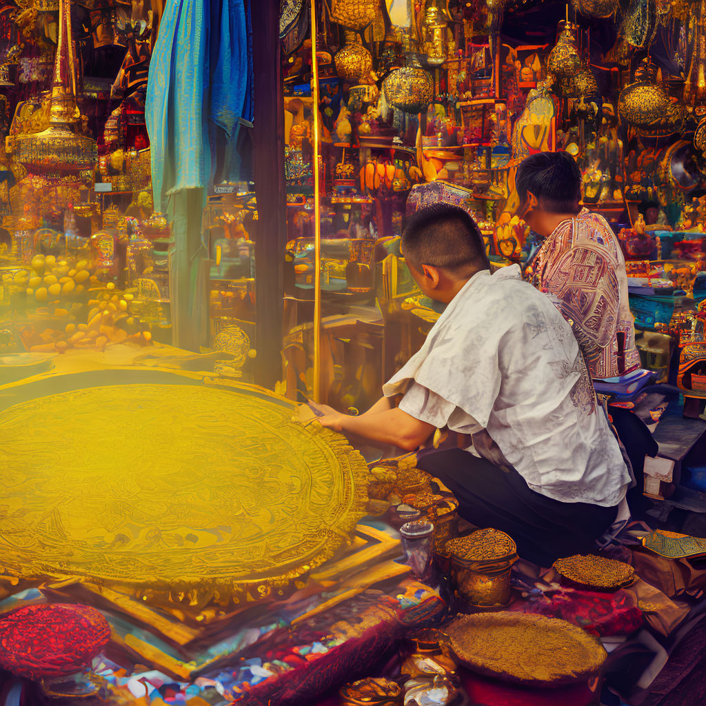 Two individuals inspecting ornate golden tray in vibrant market setting.