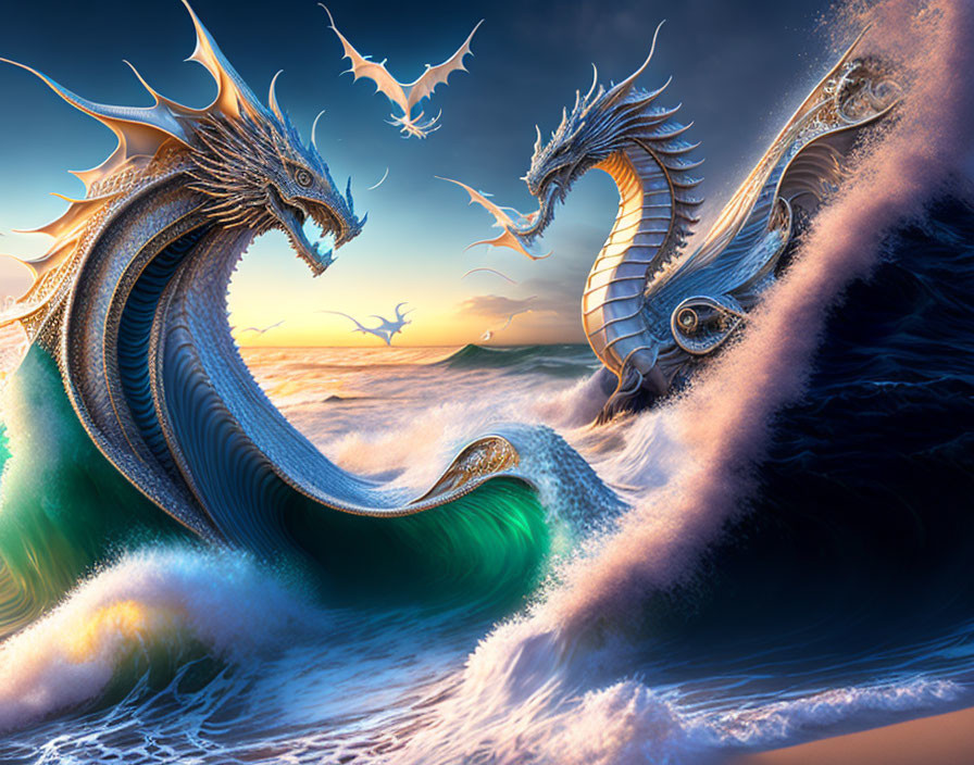 Majestic dragons emerging from ocean waves with dramatic sky