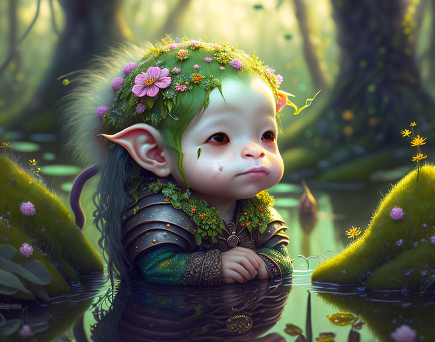 Whimsical forest digital art: young elf with flowers, submerged in water