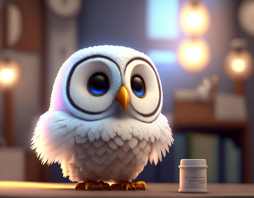 Animated owl with large eyes on wooden surface next to small container