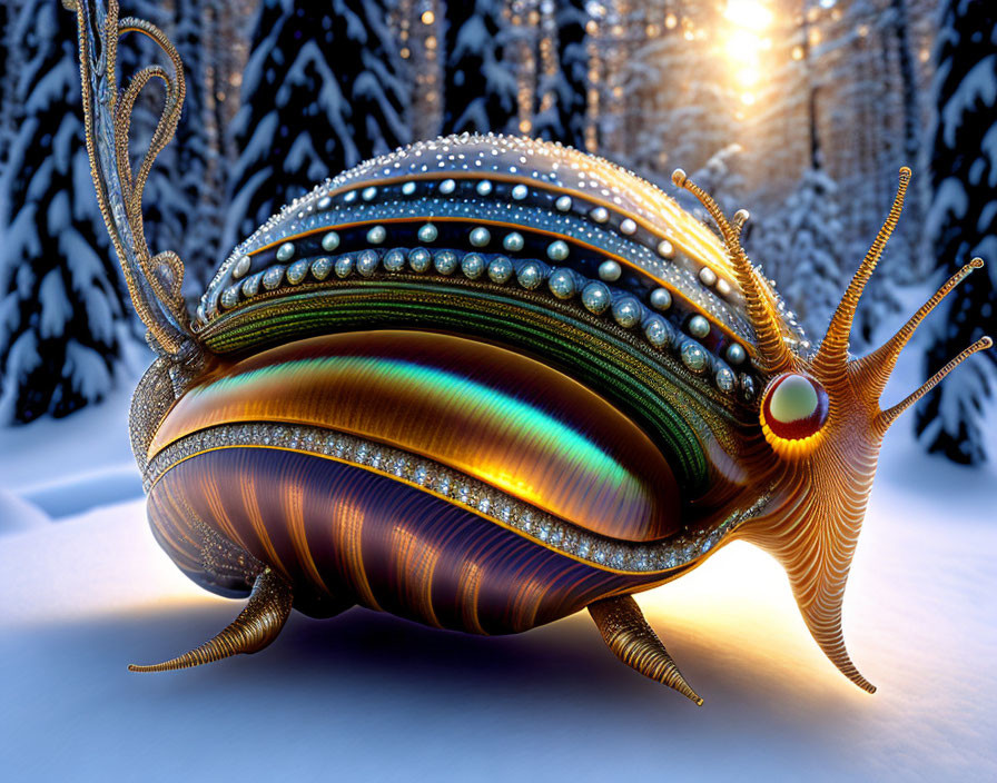 Digitally crafted ornate snail with jewel-encrusted shell on snowy landscape