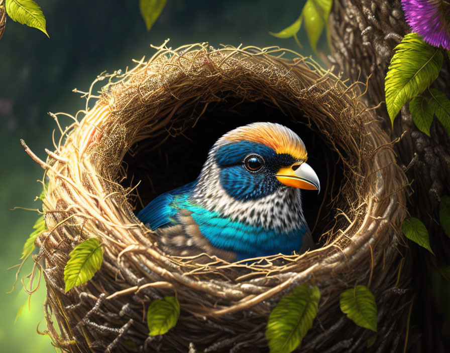 Vibrant blue and orange bird in circular nest with green foliage