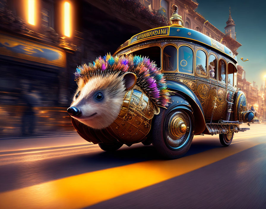 Whimsical illustration: Hedgehog merged with ornate vintage bus in city sunset.