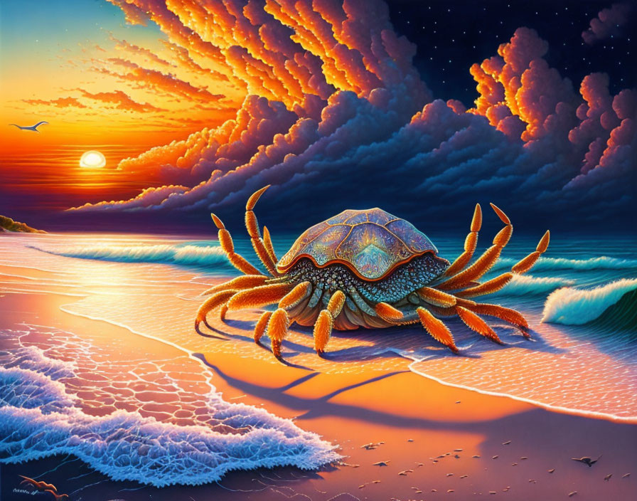 Vibrant crab on beach at sunset with dramatic sky and tranquil sea