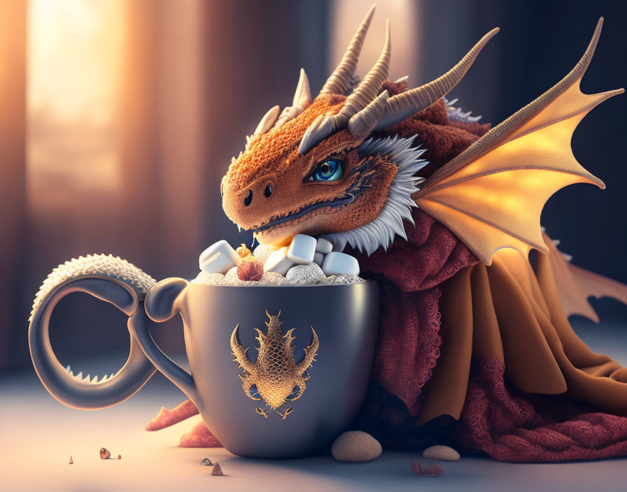 Orange Dragon in Scarf Nestled in Coffee Cup with Marshmallows