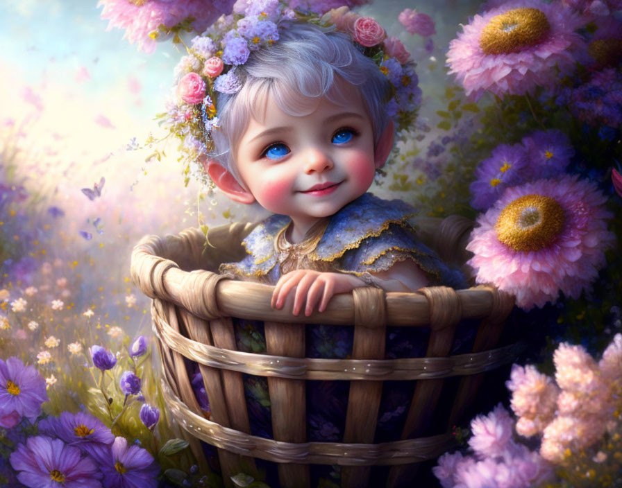 Blue-eyed animated baby with floral crown in basket among vibrant flowers