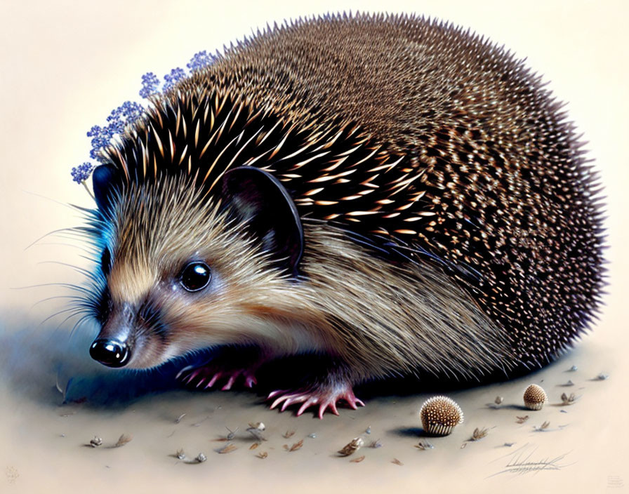 Detailed hedgehog painting with blue flower adornments and small mushrooms.