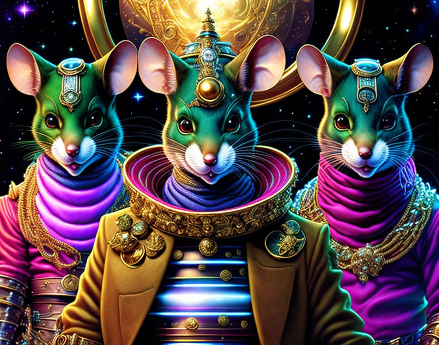 Stylized anthropomorphic mice in regal attire against starry background