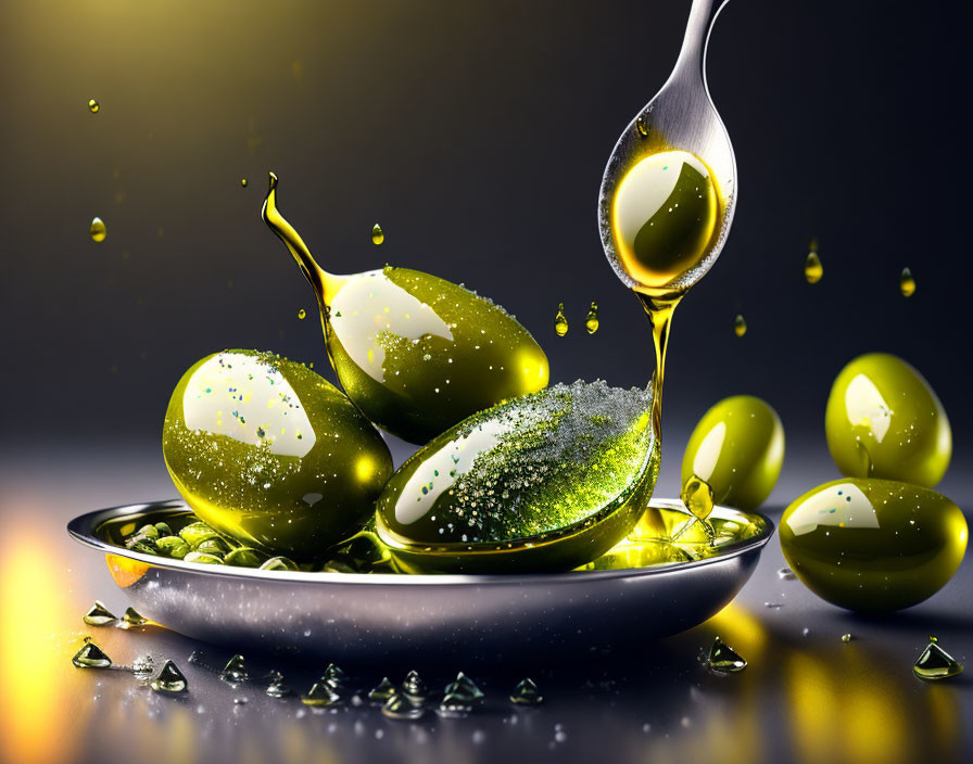 Golden olive oil drizzling on green olives with vibrant droplets on dark background