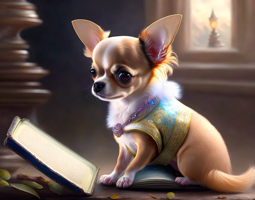 Regal Chihuahua in Vintage Setting with Book