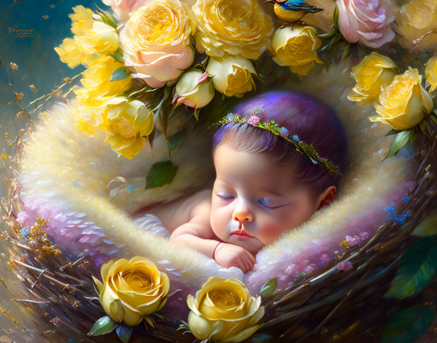 Newborn baby sleeping in wicker basket with yellow roses and headband