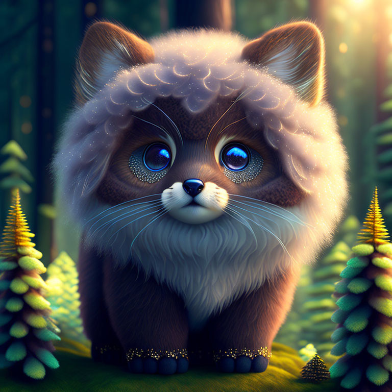 Fluffy Cat-Like Creature in Enchanting Forest with Blue Eyes