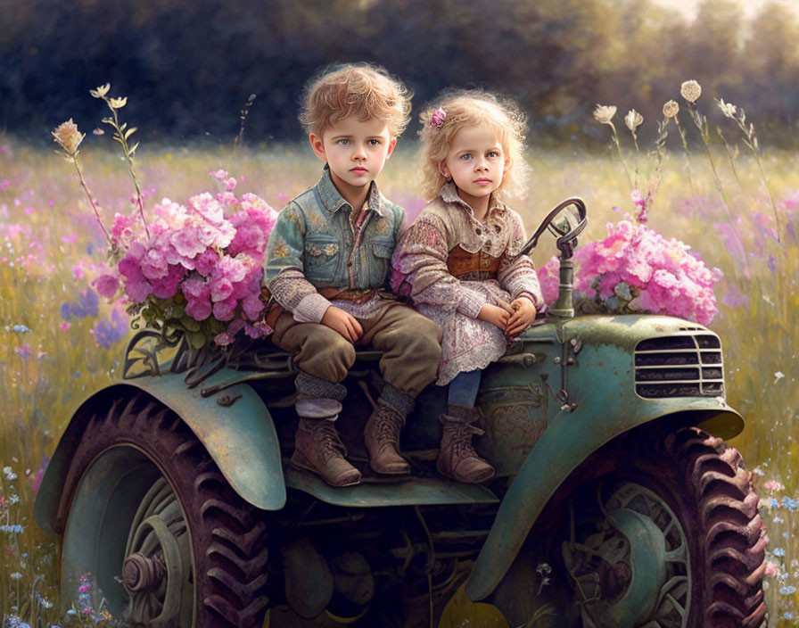 Children on rusty tractor in flower field under golden light