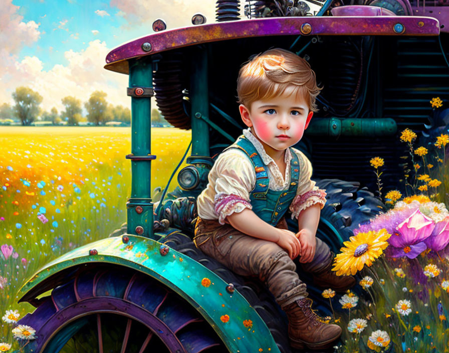 Child in Vintage Clothing on Blue Tractor in Vibrant Flower Field