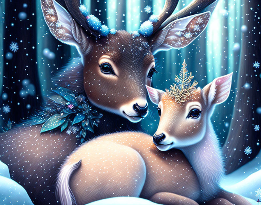 Illustrated deer with ornate antlers in snowy forest scene