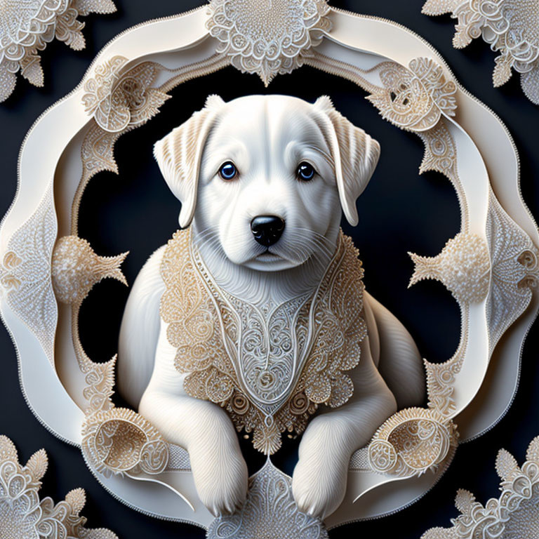 White Puppy with Blue Eyes Surrounded by Lace and Florals on Dark Background