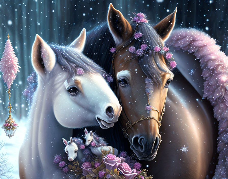 Two horses with flower-decorated manes in snowy scene with rabbits.