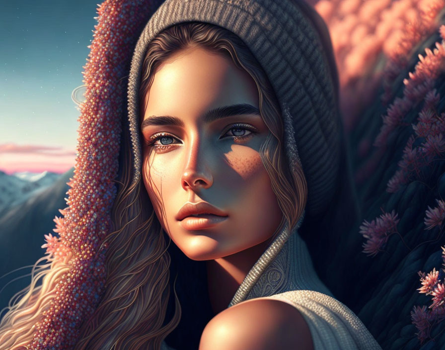 Woman in beanie with mountains and pink flora in digital art